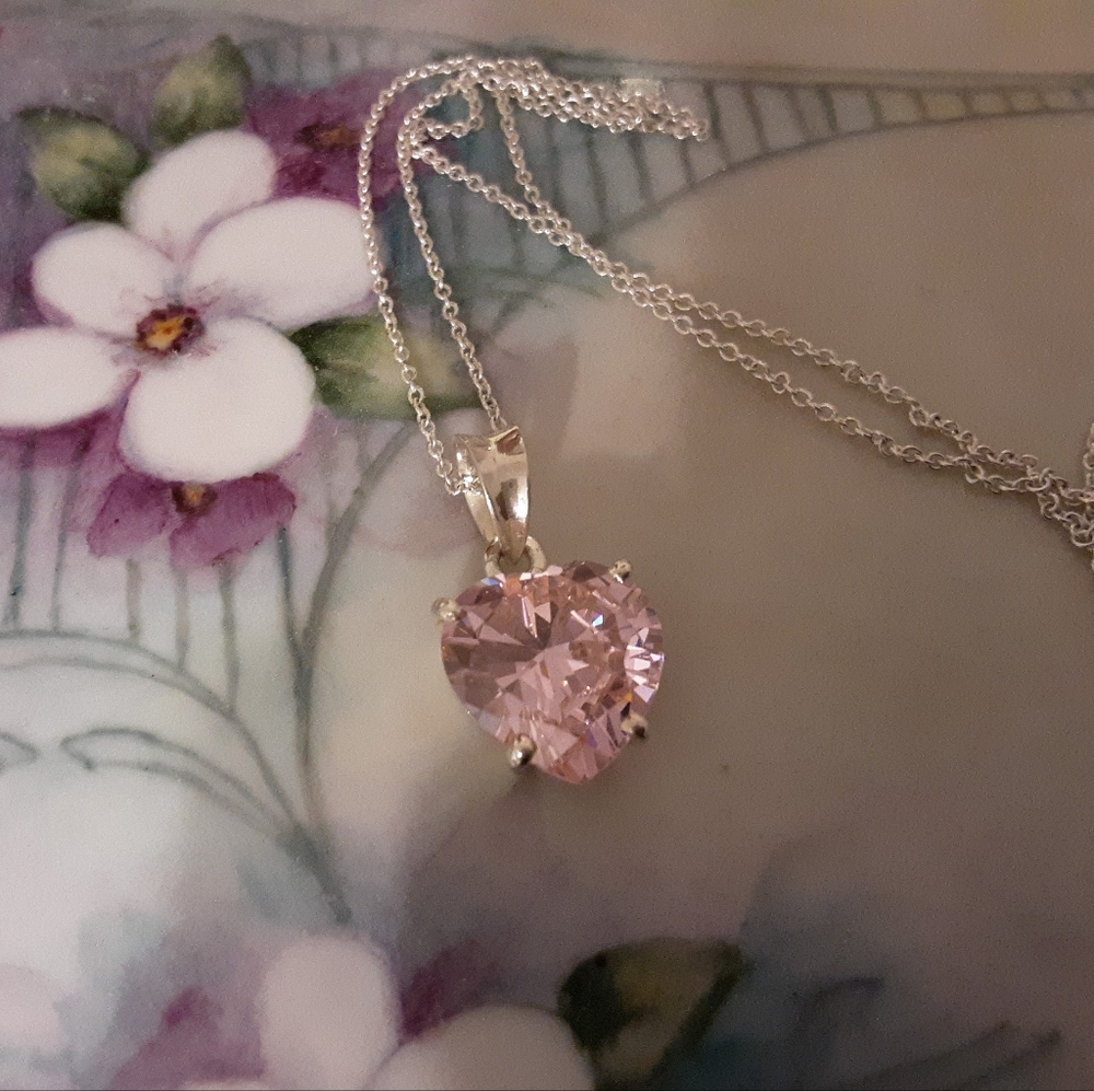 BEAUTIFUL 925 STERLING 13MM PINK ICE PENDANT W/ 18" STERLING SILVER ITALY CHAIN
